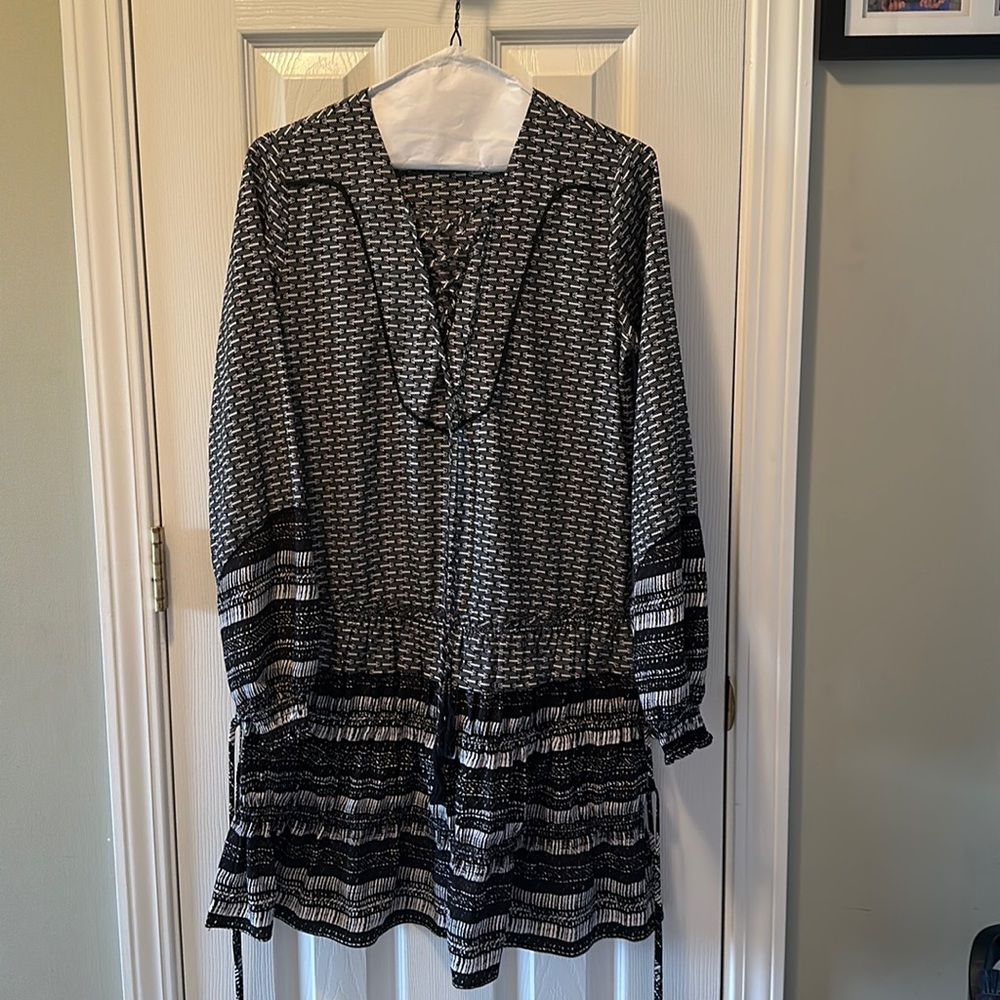 Twelfth Street By Cynthia Vincent Mixed Print Front Lace Up Dress Black White MP
